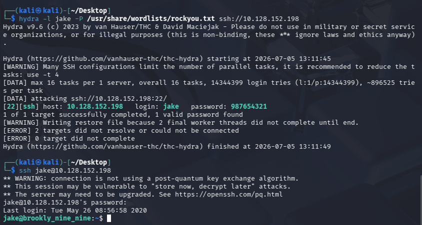 Conexión SSH exitosa como jake
